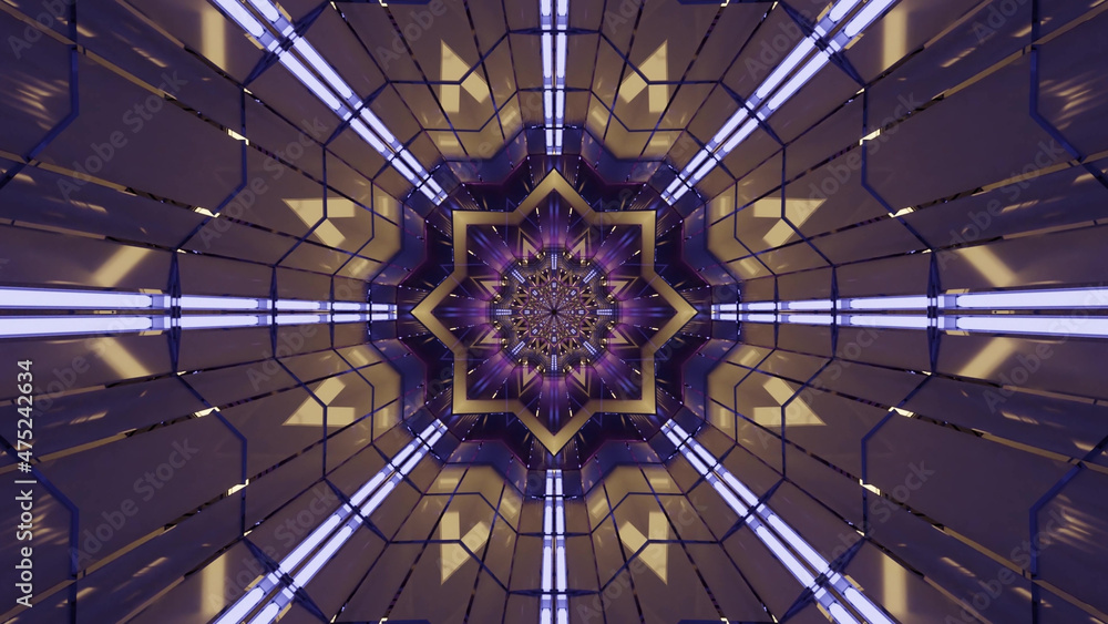 Poster 3d rendering of futuristic kaleidoscopic patterns background in vibrant purple and brown colors