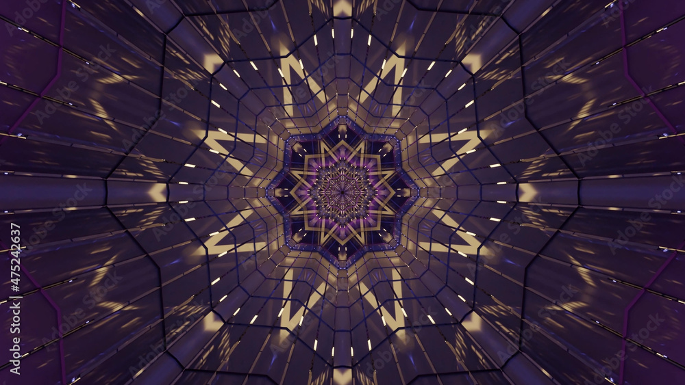 Poster 3d rendering of futuristic kaleidoscopic patterns background in vibrant purple and brown colors