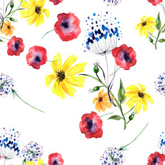 Watercolor floral seamless pattern. bouquet wildflowers poppy, chamomile.  Vintage seamless watercolor pattern of plants. Herbs, grass. drawing of calendula, marigolds, poppy, dandelion. Botanic