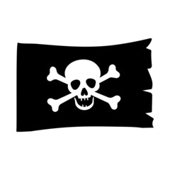 Vector illustration of flag of the pirates Jolly Roger with symbolic white skull and crossed bones isolated on white background.