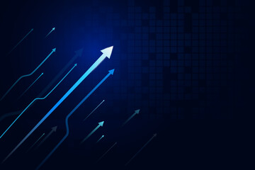 Up light arrow on dark blue background with copy space, business growth concept. Starting a business with high profits