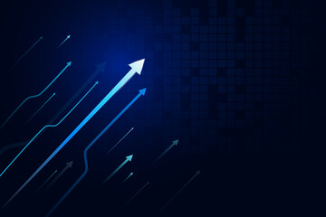 Up light arrow on dark blue background with copy space, business growth concept. Starting a business with high profits