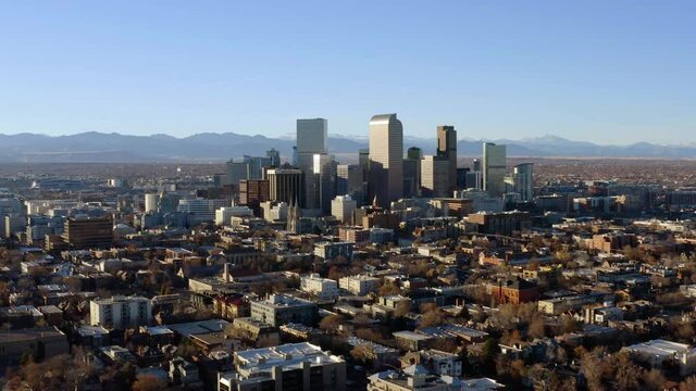 Aerial view of approaching the Denver city center- establishing, drone shot