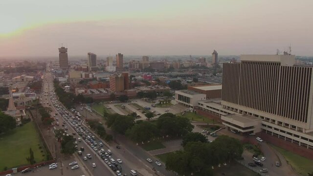 Aerial shot of city of Lusaka from independence avenue in Zambia 