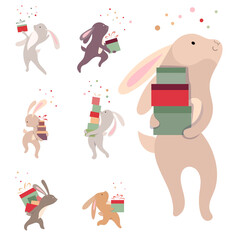 Cute animals rabbits with gift boxes. Christmas festive illustration. Funny character isolated on white background. Winter illustration for children and adults.