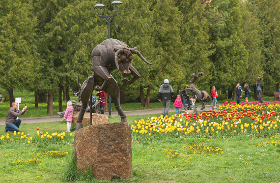 Rivne, Ukraine - May 4, 2019: Beautiful Metal Sculpture In A Spring Park - Zodiac Sign 