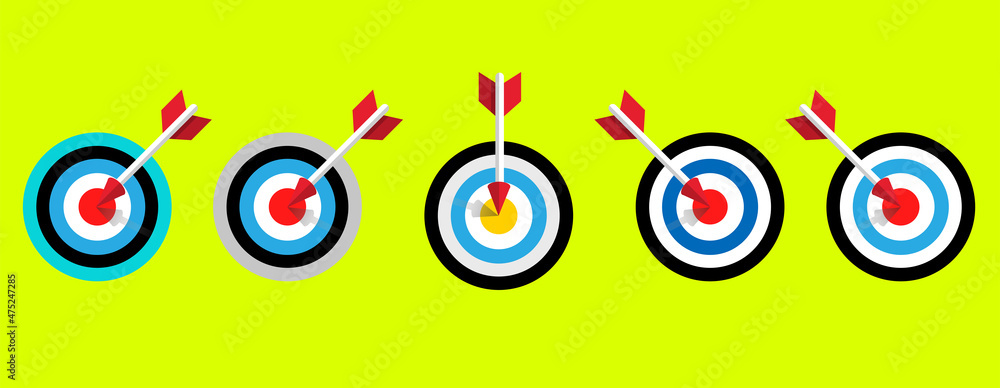Poster target icon set. target vector icons. goal different shapes and colors. target with arrow. stock vec