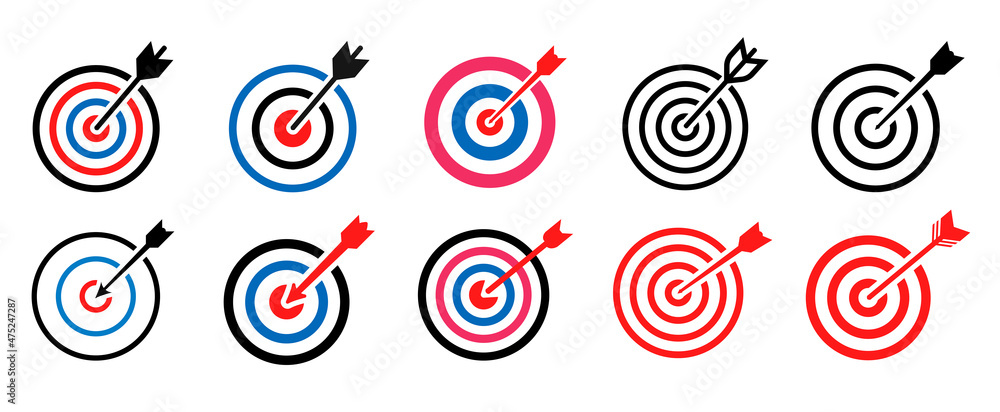 Poster target icon set. target vector icons. goal different shapes and colors. target with arrow. stock vec