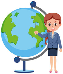 Young woman teacher standing by earth globe