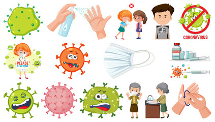 Fototapeta premium Cartoon character and Coronavirus vaccination isolated objects
