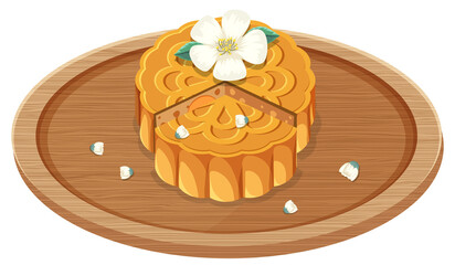 Flower mooncake on wooden plate