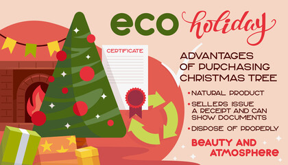 Eco holidays banner, advantages of natural spruce for New Year holidays. New Year is the best time to start taking care of nature.