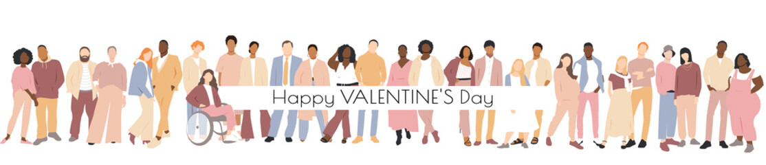 Happy Valentine's day banner. Multinational couples. Flat vector illustration.