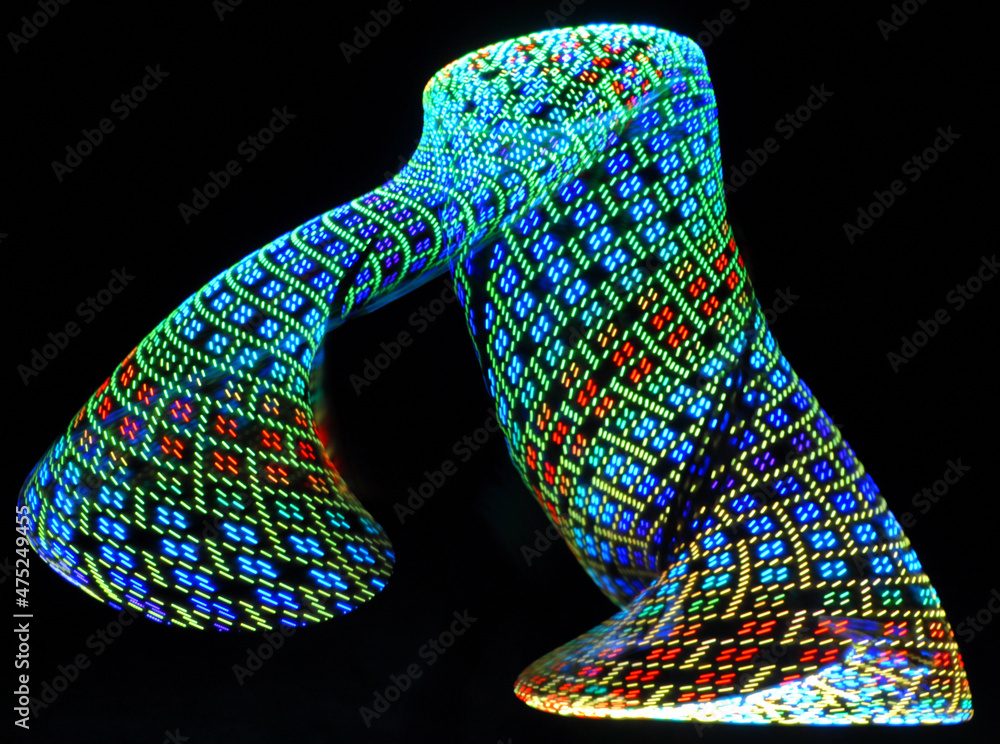 Poster digital render of an abstract neon patterned shape on a black background