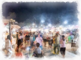 Night market landscape in Thailand watercolor style illustration impressionist painting.