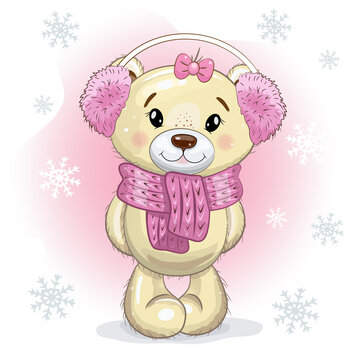 Christmas card Cute Cartoon Teddy Bear Girl in fur headphones and a scarf on a pink - white background with snowflakes. Vector illustration.