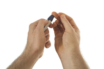 The process of piercing the skin to obtain a blood sample. The lancet is pressed tightly against the finger. Image isolated on white background.