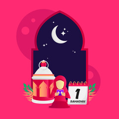 Illustration cartoon girl reading the quran on the night of ramadan