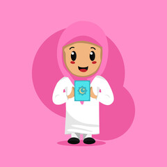 Illustration cartoon kid girl holding holy quran