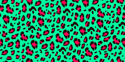 Leopard pattern green and pink. Animalistic print is suitable for printing on fabric, paper. Vector hand-drawn background