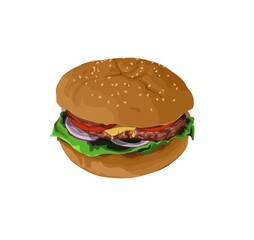 Cheese Burger with Sesame and Vegetables Vector Illustration. Proper for Fast Food Business.