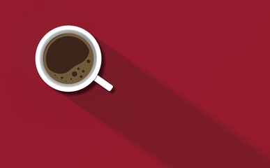 Obraz na płótnie Canvas a white cup of coffee on red background. long shadow from cup. invigorating drink. horizontal image. 3D image. 3D rendering.