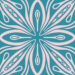 Pale pink seamless pattern on a lagoon blue background. Abstract floral ornament in oriental style. Delicate geometric print
