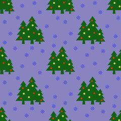 Seamless pattern. Image of green Christmas trees with balls and snowflakes on pastel blue purple backgrounds. Symbol of New Year and Christmas. Template for applying to surface. 3D image. 3d rendering