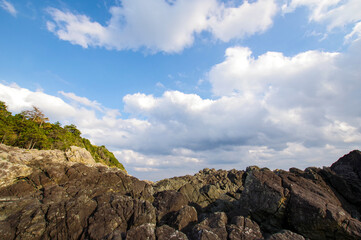 荒々しい火成岩で形成された潮岬の先端部