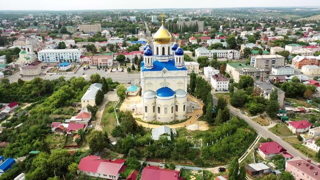 Aerial view of the Ascension Cathedral and residential areas on a summer day in Yelets