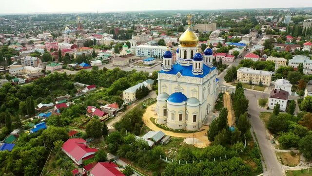 Aerial view of the Ascension Cathedral and residential areas on a summer day in Yelets