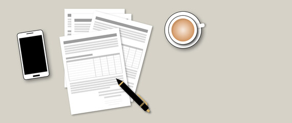 Documents with pen, coffee and mobile phone on grey background, application form, contract, office work, accounting, paperwork concepts, space for the text. paper art design style. top view. - obrazy, fototapety, plakaty