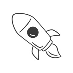 Spaceship icon in doodle style. Space rocket icon. Children drawing. Hand drawn vector illustration isolated on white background.