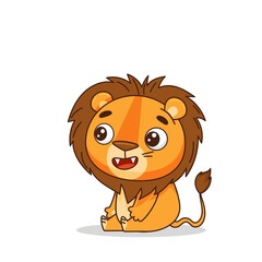 Fototapeta premium The little lion sits in a half-turn. Cute baby smiling. Postcard in children's cartoon style. Vector illustration for designs, prints and patterns. Vector illustration