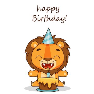 Birthday of the little lion. Happy child sitting at a birthday cake. Postcard in children's cartoon style. Vector illustration for designs, prints and patterns. Vector illustration