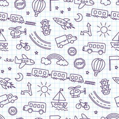 Children drawing of cars, train, plane, helicopter and rocket. Doodle transport. Cute children drawing. Seamless pattern in kid style. Hand drawn vector illustration on squared notebook background. © Elena Pimukova