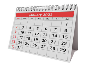 One page of the annual business monthly calendar. Date - month January 2022