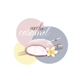 Caramel flavor Mochi with chopsticks and plumeria flower. Asian ice cream with rice dough. Healthy desert. Delicious sweets. Design for product cover, wrapping, menu.