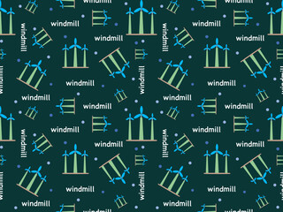 Windmill cartoon character seamless pattern on green background