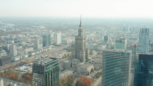 Aerial Fly to Palace of Culture and Science, Warsaw Poland