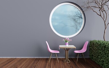 Outdoor gray wall It has a circular window with reflections and a set of chairs on a wooden floor. 3D rendering