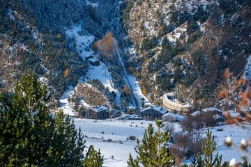 Snowy landscapes of towns in the principality of Andorra in the Pyrenees