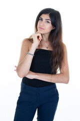 beautiful woman looking sideways on the left