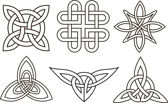 Medieval Celtic knot tattoo set. Celtic, Irish knots ornament. Celtic symbols, endless knot shape vector icon, infinite spirit unity symbol, pagan circle tribal symbols graphics isolated