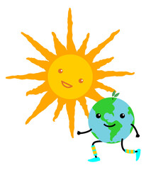 Cute earth and the sun shining on it. illustration for Earth Day or environmental events showing happy earth and sun in the style of kawaii