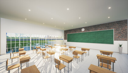 3d rendering of classroom. Interior room consist of tile floor, board or chalkboard and furniture i.e. desk or table, chair for teacher and student to teach, study and training. Education background.