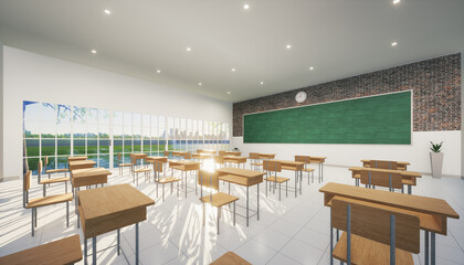 3d rendering of classroom. Interior room consist of tile floor, board or chalkboard and furniture i.e. desk or table, chair for teacher and student to teach, study and training. Education background.