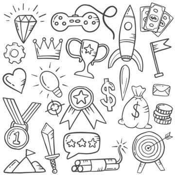 gamification life doodle hand drawn set collections with outline black and white style