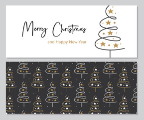 Fototapeta na wymiar Merry Christmas and Happy New Year greeting card, banner template. Christmas tree with lettering. Background with christmas tree pattern. Winter holiday decor.