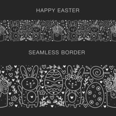 Happy Easter doodle line art elements. Rabbit, bunny, cake, egg, flower, sun, herbs. Isolated on dark background. Seamless border, banner.